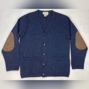 VTG Eddie Bauer 100% Wool Dark Navy Blue Elbow Patch Cardigan Medium M